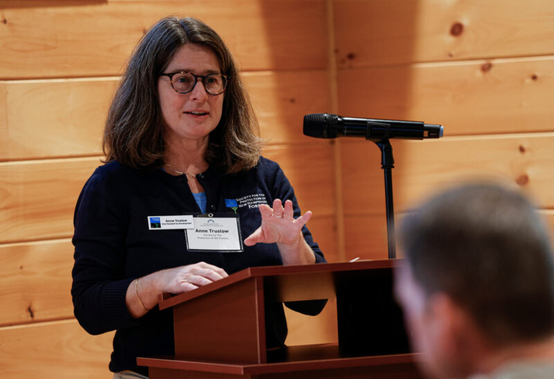 Anne Truslow of the Society for the Protection of New Hampshire Forests speaks at the Foundation's "Here for Good" event at the Rocks in Bethlehem on Tuesday, September 24, 2024.