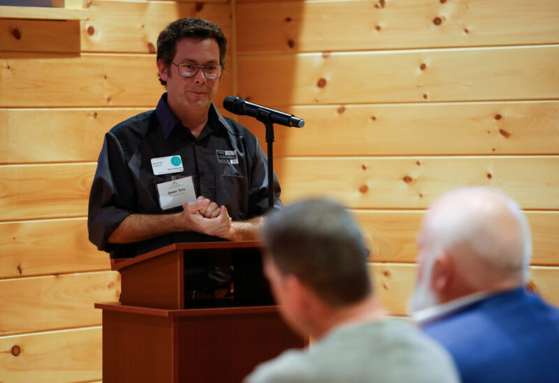 Jason Tors of The Loading Dock in Littleton speaks at the Foundation's "Here for Good" event at the Rocks in Bethlehem on Tuesday, September 24, 2024. (Photo by Cheryl Senter).