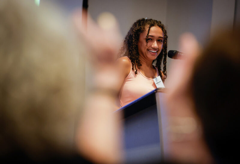 Mya Blanchard of Nashua Ink Link speaks at the Foundation's "Here for Good" event in Nashua on Thursday, September 19, 2024. (Photo by Cheryl Senter).