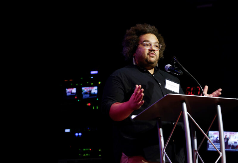 Randall Nielsen, founder of Queerlective, speaks at the Foundation's "Here for Good" event at the Capitol Center for the Arts in Concord on Tuesday, September 17, 2024. (Photo by Cheryl Senter).