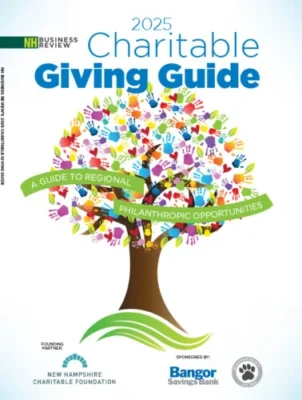 Blue text says, "2025 Charitable Giving Guide" beside the NH Business Review logo. Underneath is an illustration of a tree with multi-colored handprints as leaves and a green banner with white text that says, "A guide to regional philanthropic opportunities." Ath the bottom of the image are logos for the New Hampshire Charitable Foundation, Bangor Savings Bank, and the NH Humane Society.